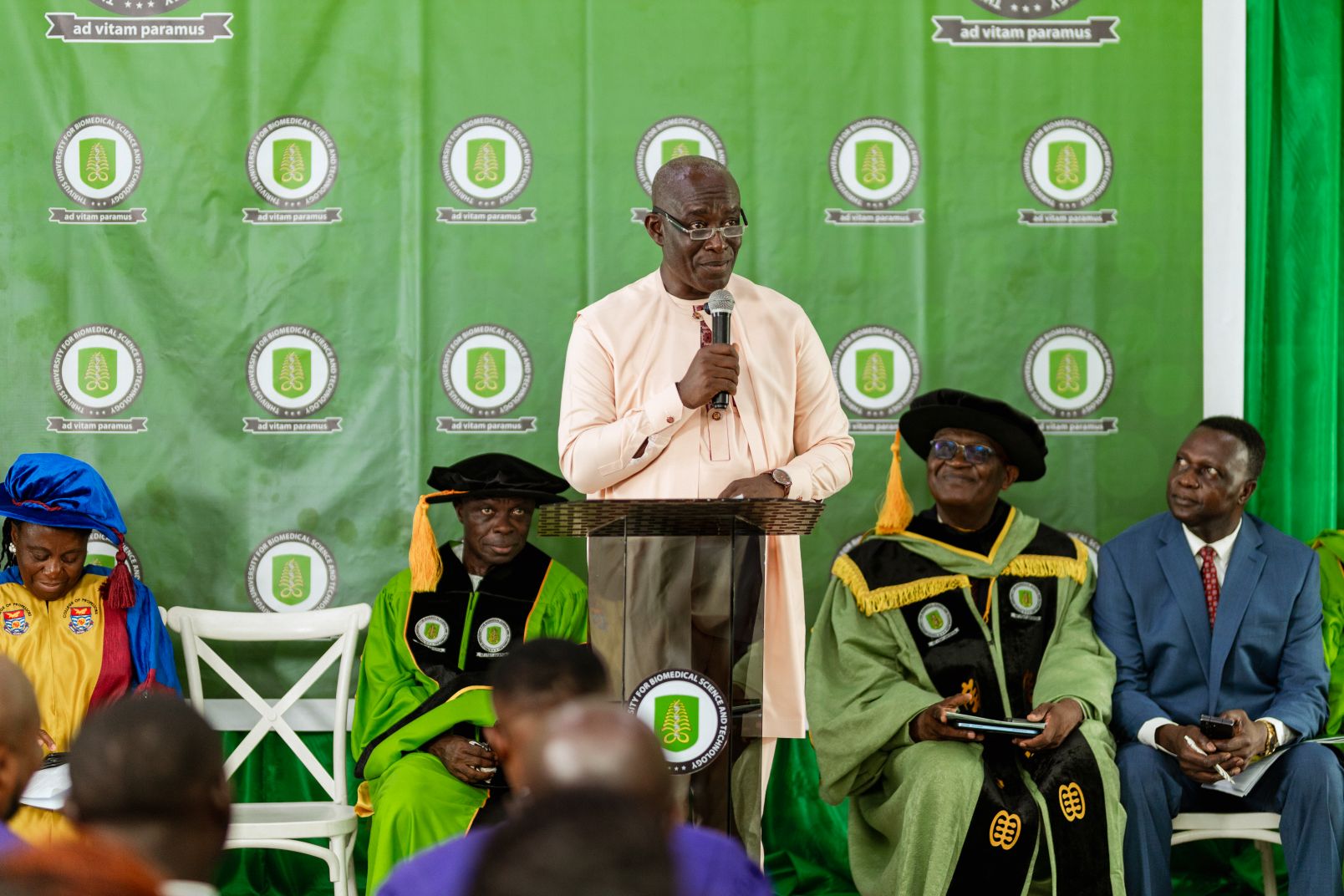 Pamicor CEO Dr. Kofi Peter Amponsah-Mensah delivers the Guest Speaker's Address at Thrivus University's inaugural graduation ceremony in Lashibi, Accra.