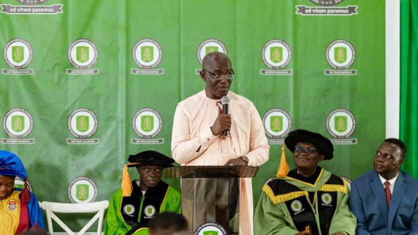 Pamicor CEO Dr. Kofi Peter Amponsah-Mensah delivers the Guest Speaker's Address at Thrivus University's inaugural graduation ceremony in Lashibi, Accra.