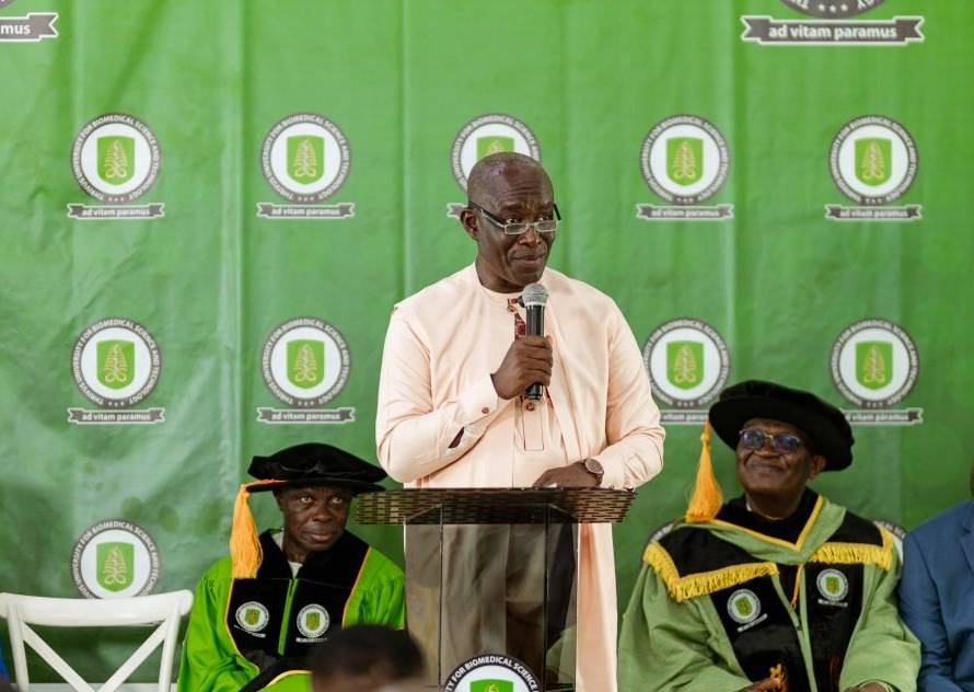 Pamicor CEO Dr. Kofi Peter Amponsah-Mensah delivers the Guest Speaker's Address at Thrivus University's inaugural graduation ceremony in Lashibi, Accra.